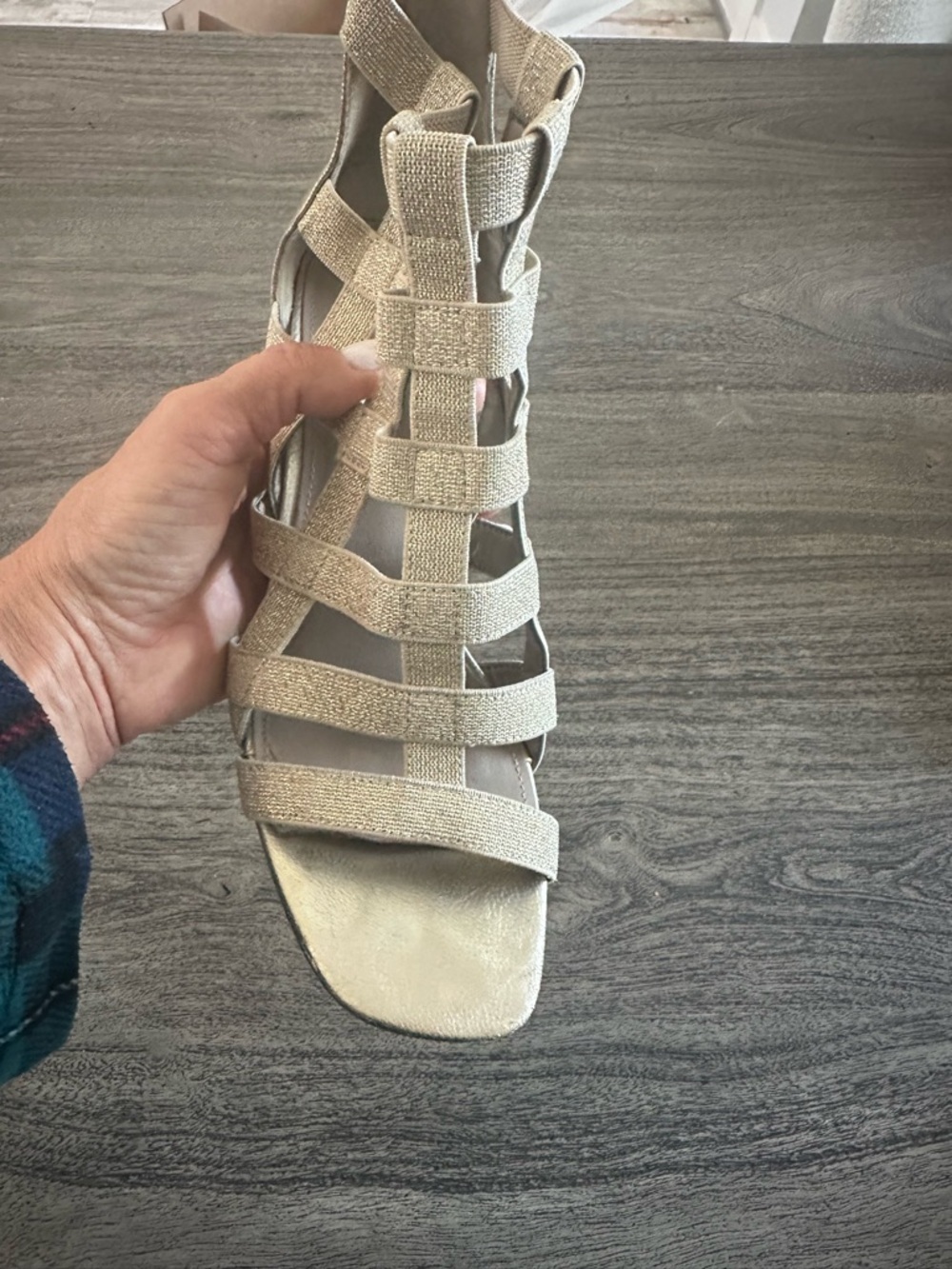 Donald J. Pliner Metallic Taupe Woven Cage Block Heel Sandals - Picture 6 of 9